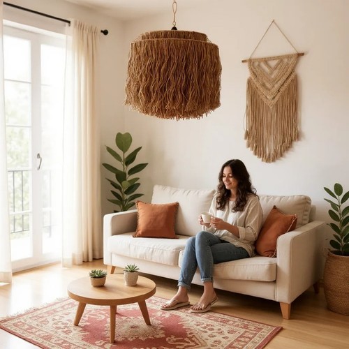 Boho pendant light jute fringe - boho,